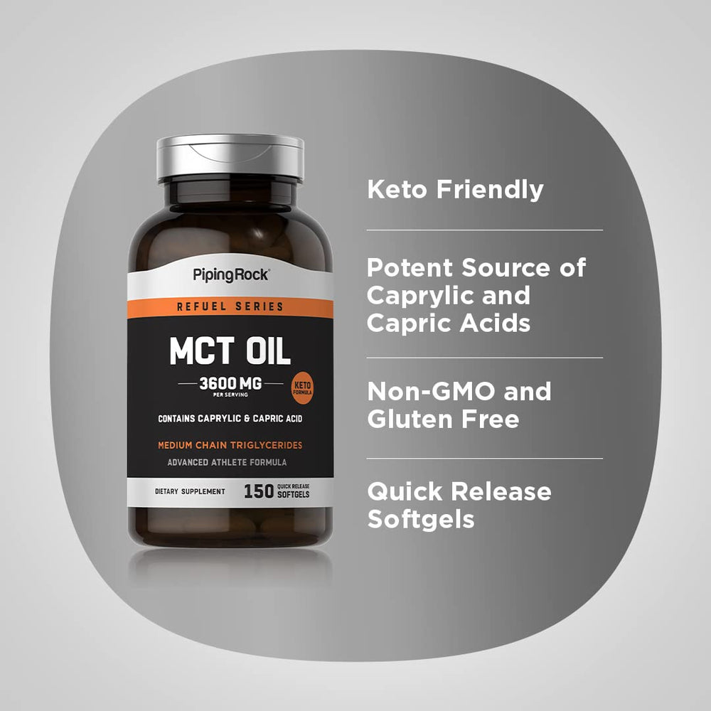 Piping Rock MCT oil softgels, Non-GMO and gluten-free for dietary comfort.