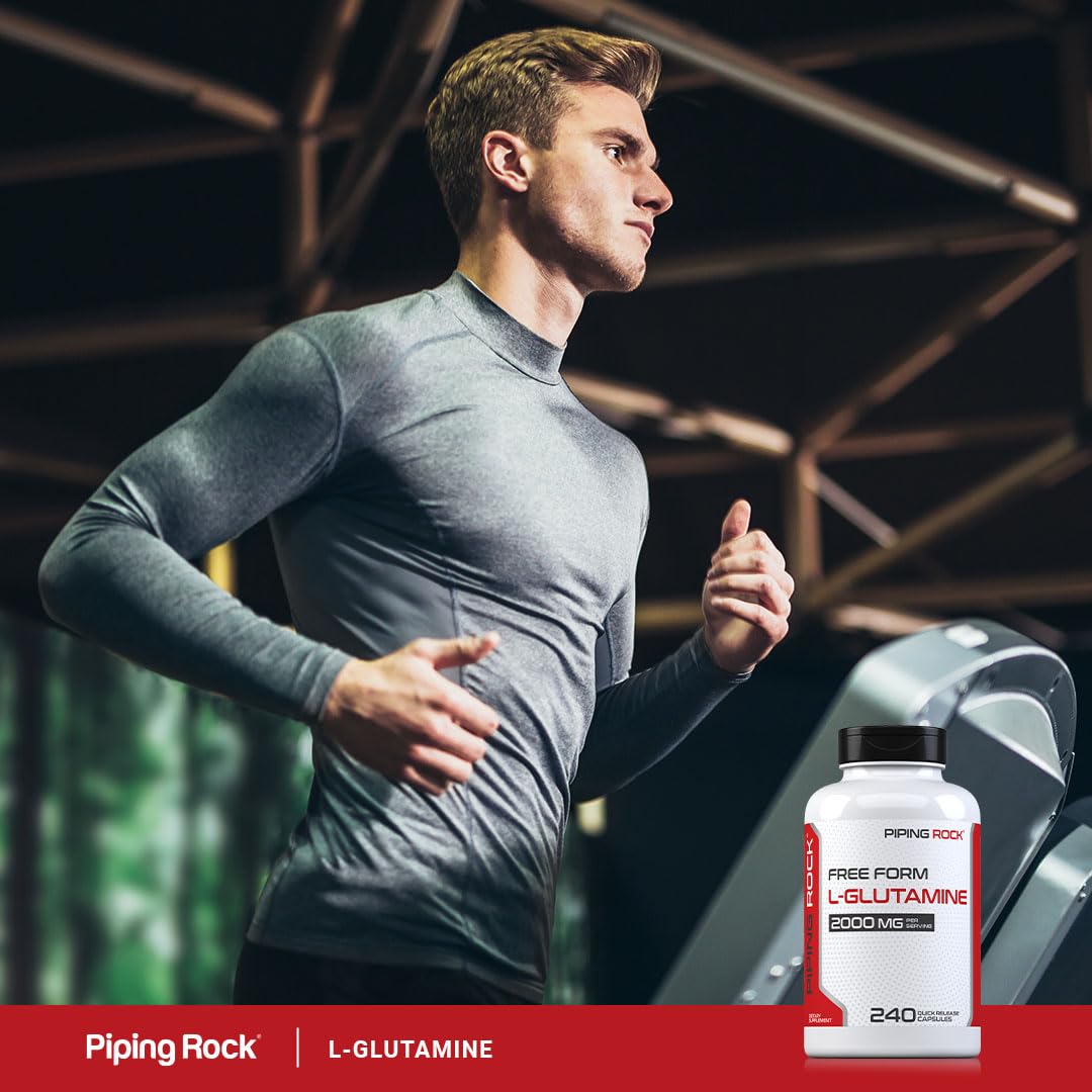 Piping Rock non-GMO gluten-free seal on L-Glutamine packaging.