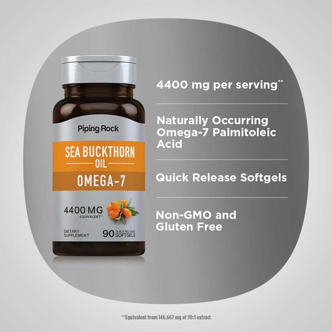 Laboratory-tested seal on Piping Rock sea buckthorn oil capsules box.