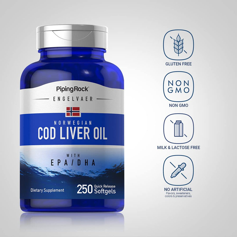 Piping Rock cod liver oil displaying a rich omega-3 source for daily nutrition.