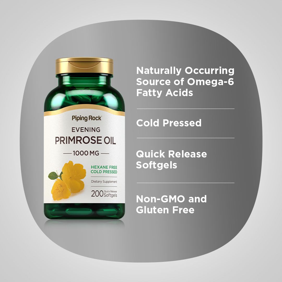 Piping Rock Evening Primrose Oil capsules highlight omega-6 fatty acids.