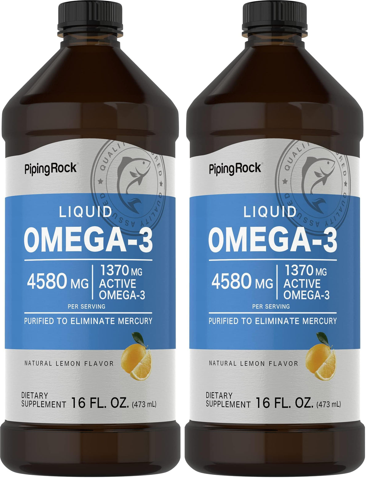 Piping Rock Omega-3 fish oil liquid bottle with mercury-free purification for clean taste