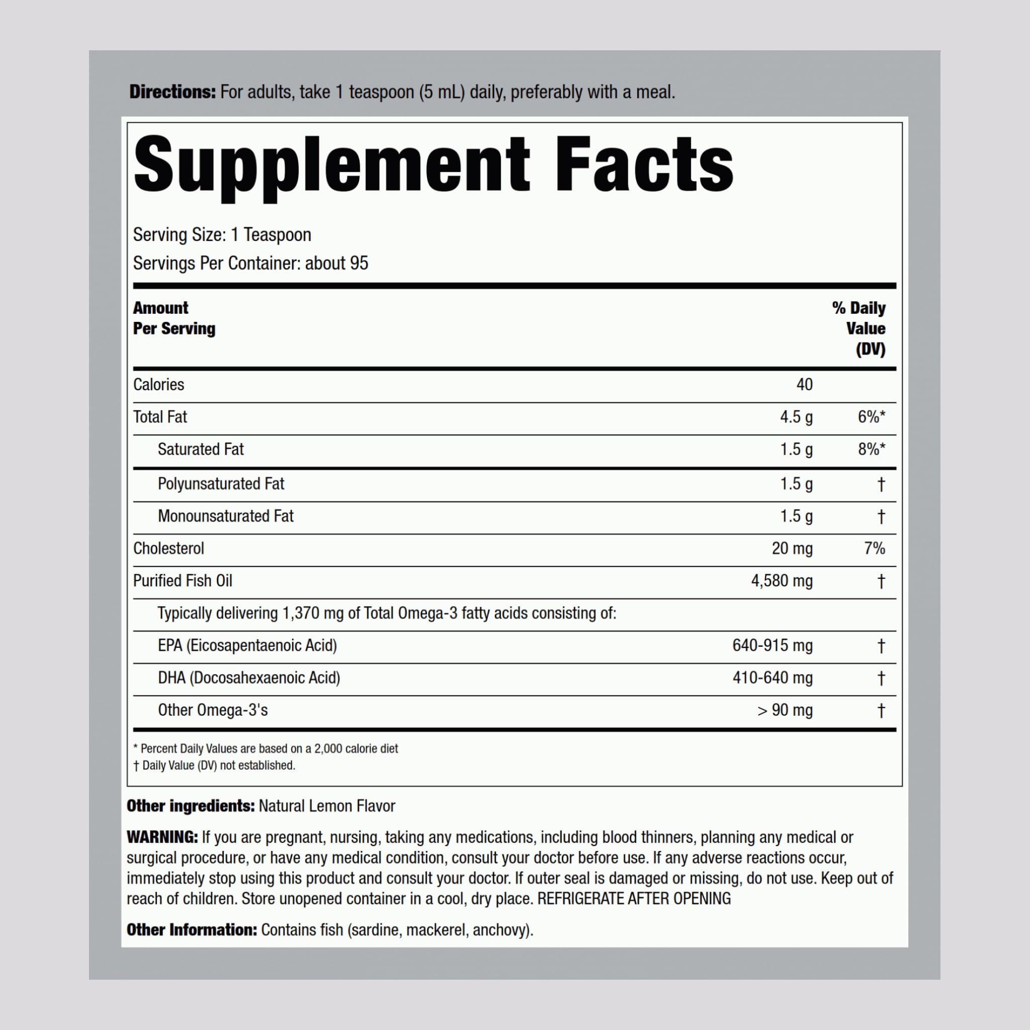 Piping Rock Omega-3 lemon bottle label highlighting 1370 mg omega-3 per serving
