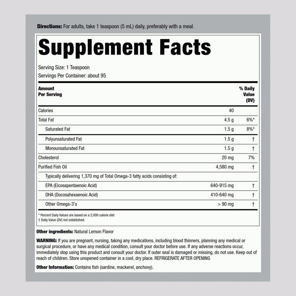 Piping Rock Omega-3 lemon bottle label highlighting 1370 mg omega-3 per serving