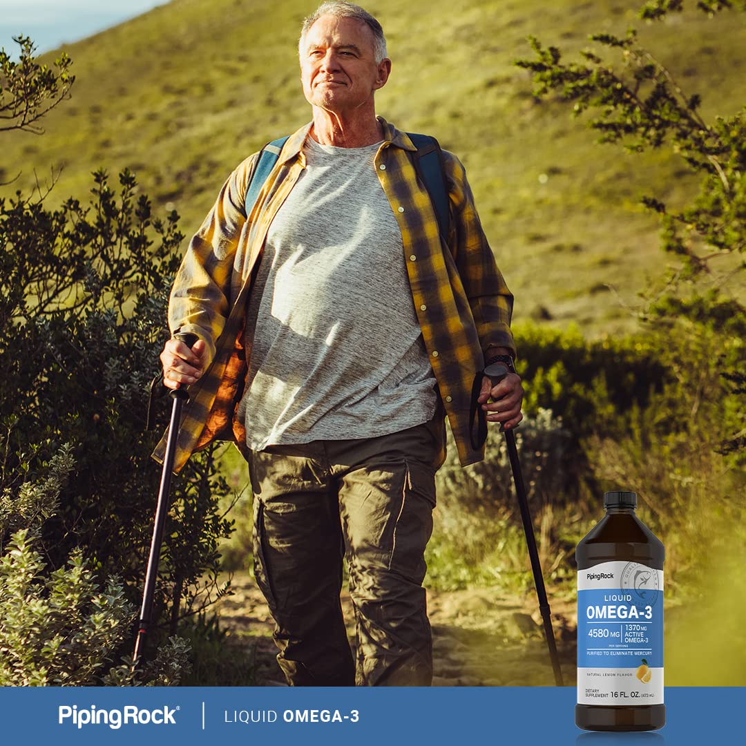 Piping Rock Omega-3 bottle with non-GMO, gluten-free assurance