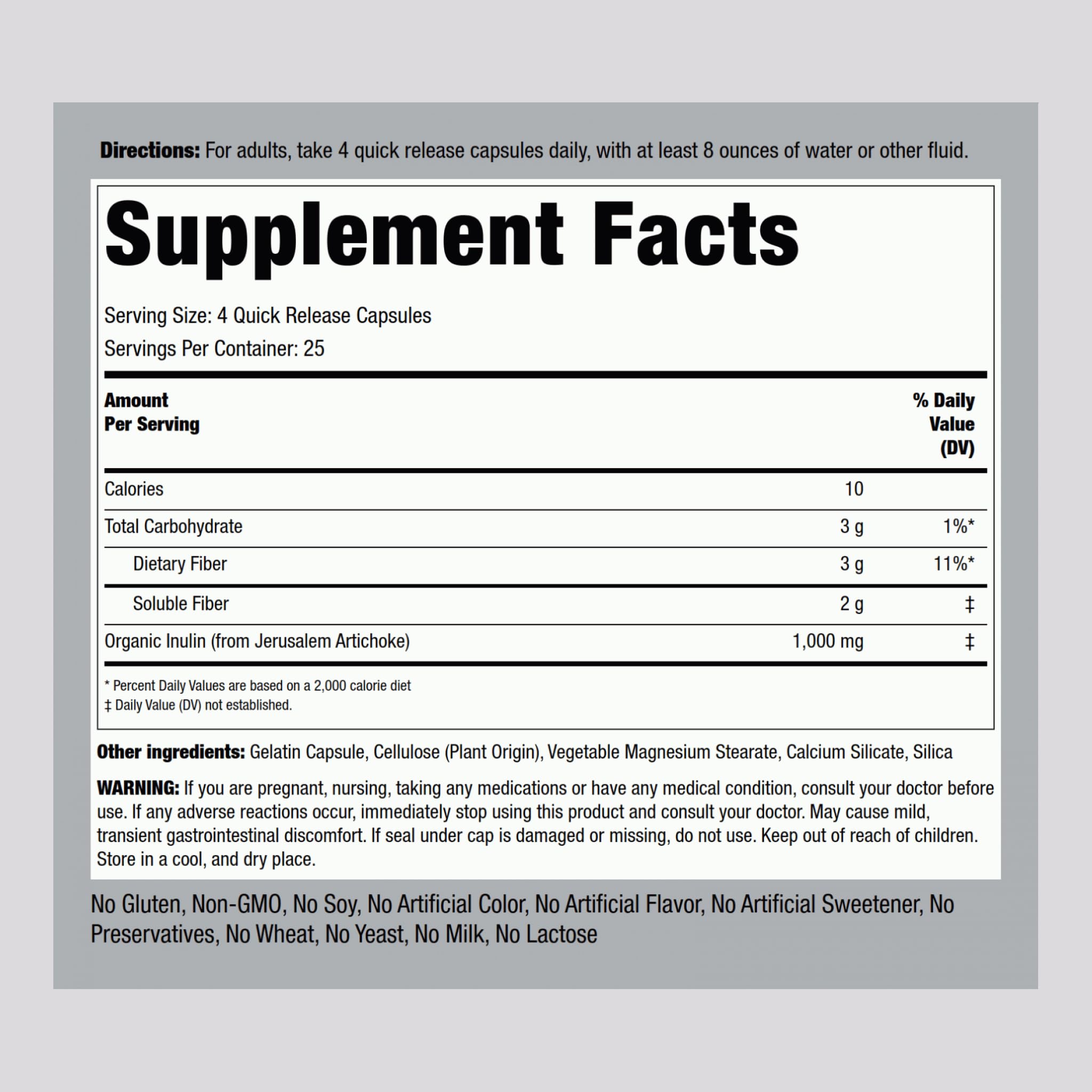 Close-up of Piping Rock Organic Inulin Capsules showing convenient quick-release capsules.