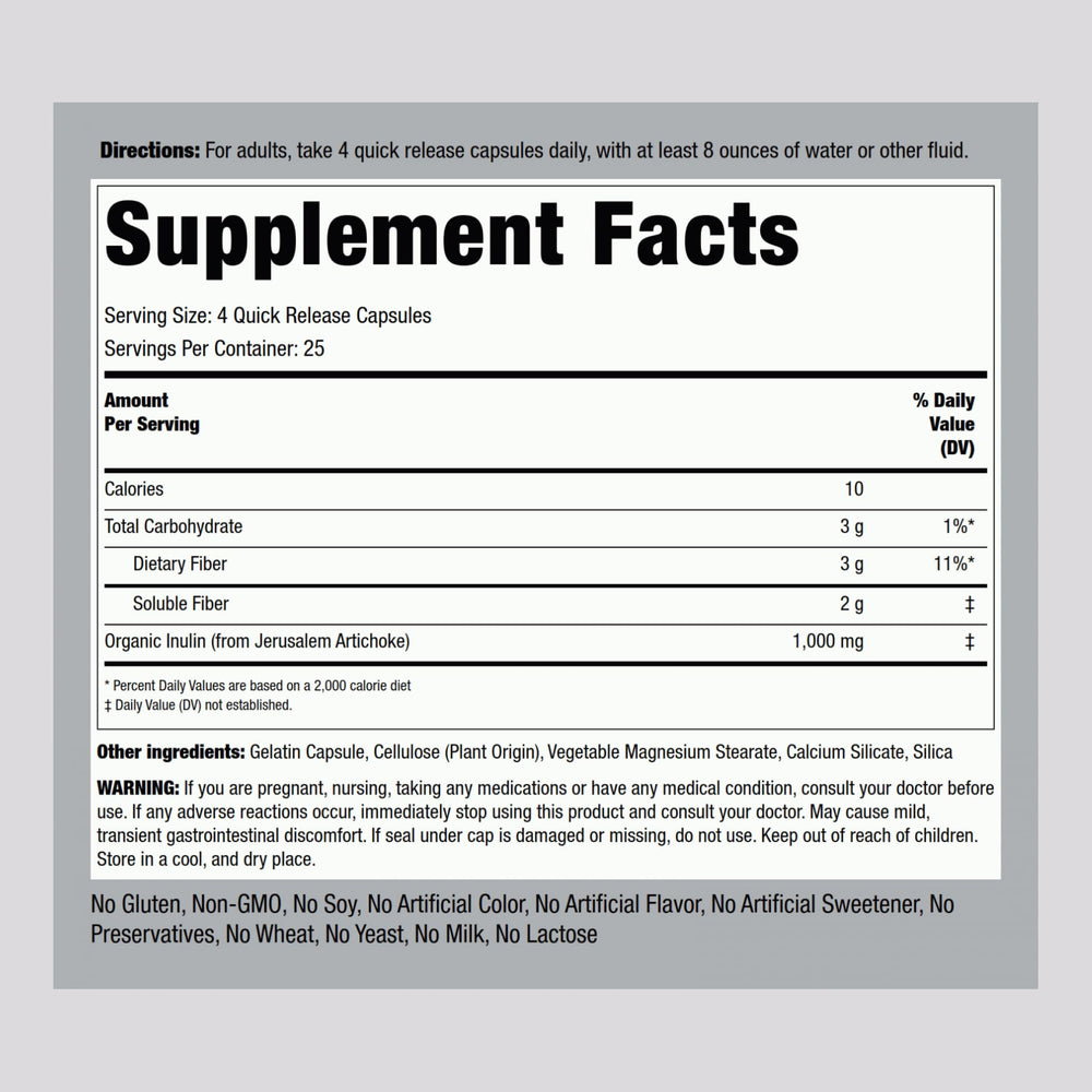 Close-up of Piping Rock Organic Inulin Capsules showing convenient quick-release capsules.