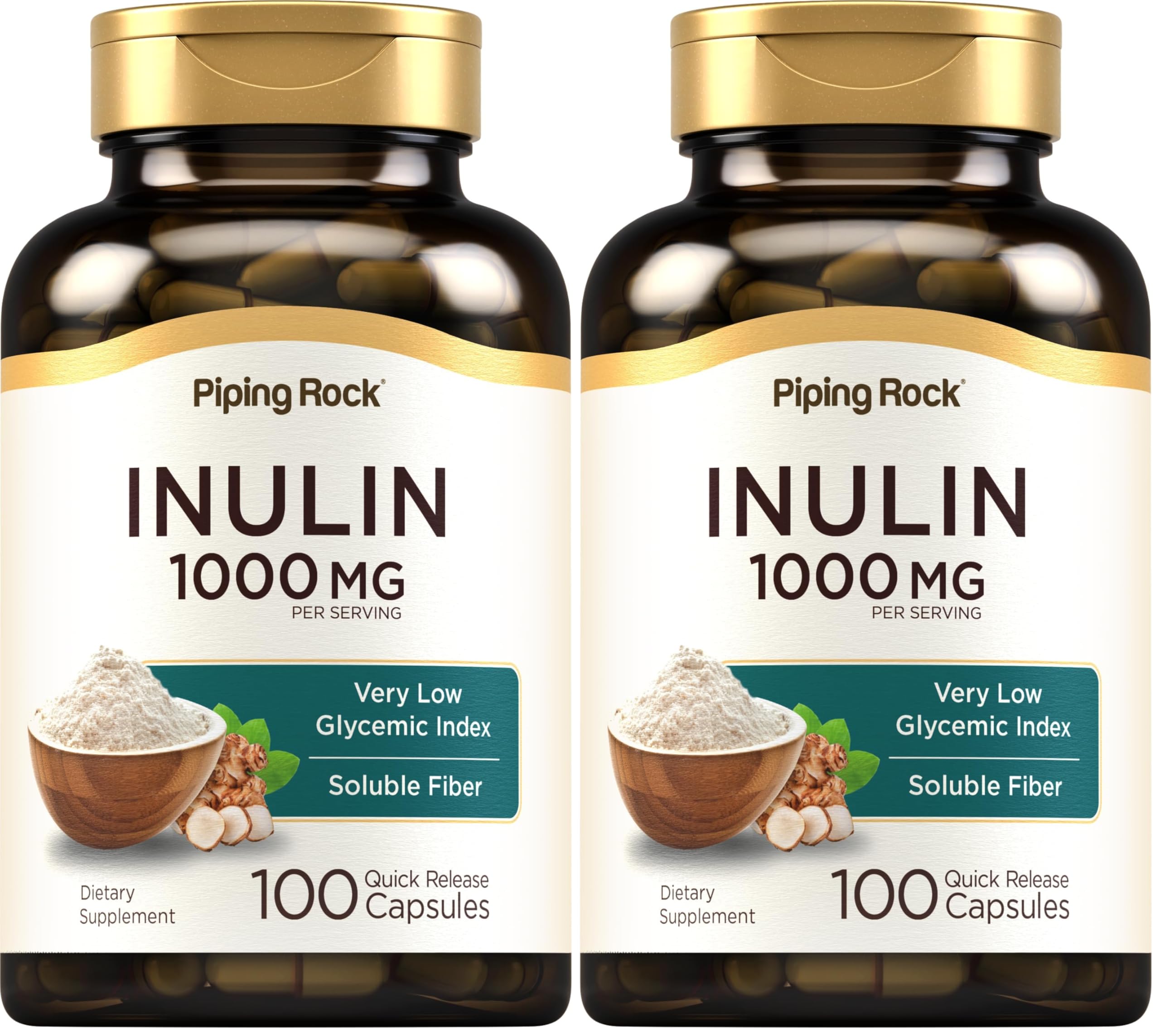 Piping Rock Organic Inulin Capsules bottle front highlighting the 1000 mg fiber option for daily use.