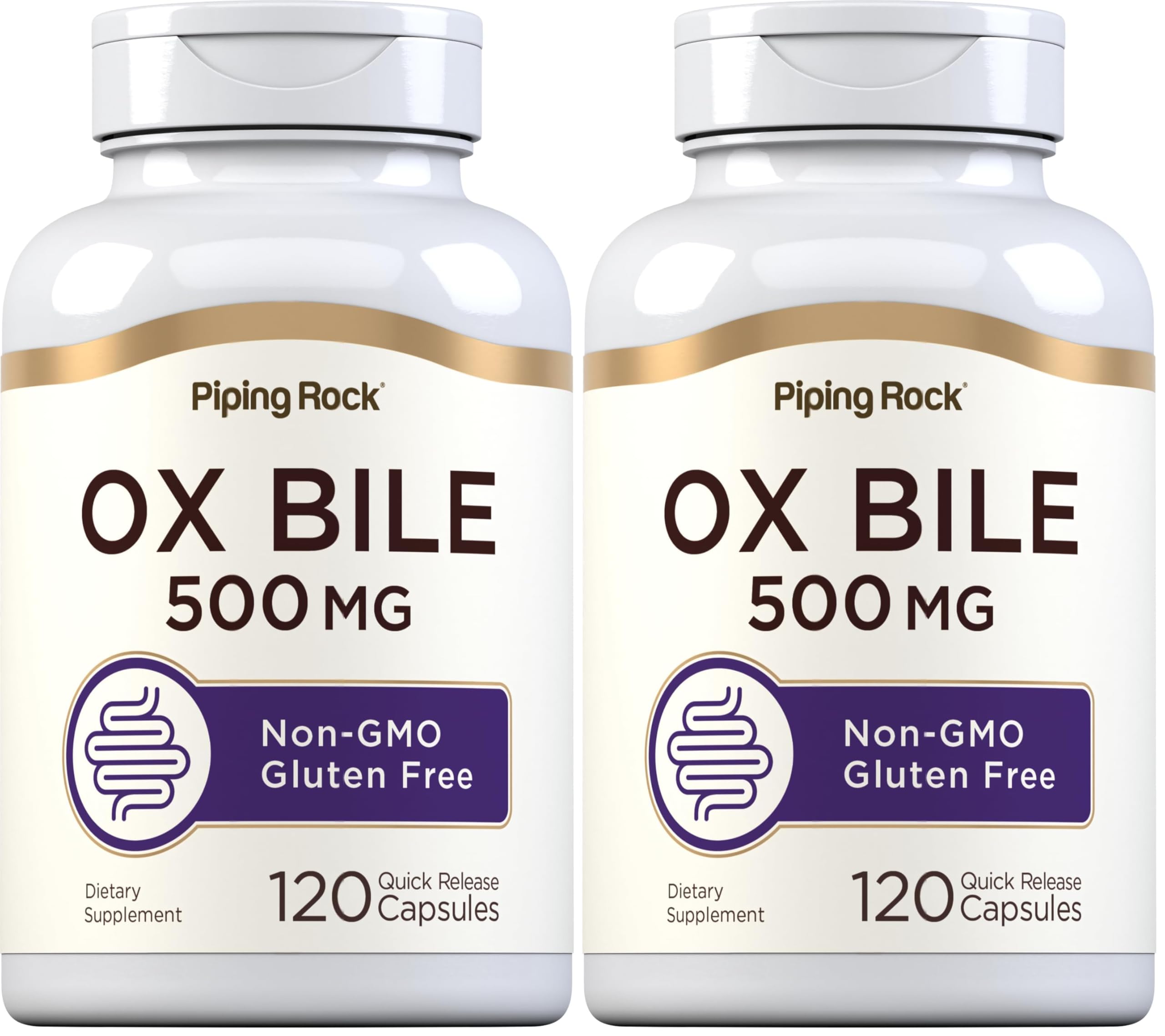 Piping Rock Ox Bile 500mg bottle with quick-release capsules for daily digestion support