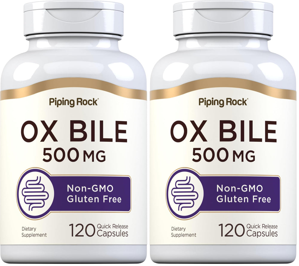 Piping Rock Ox Bile 500mg bottle with quick-release capsules for daily digestion support