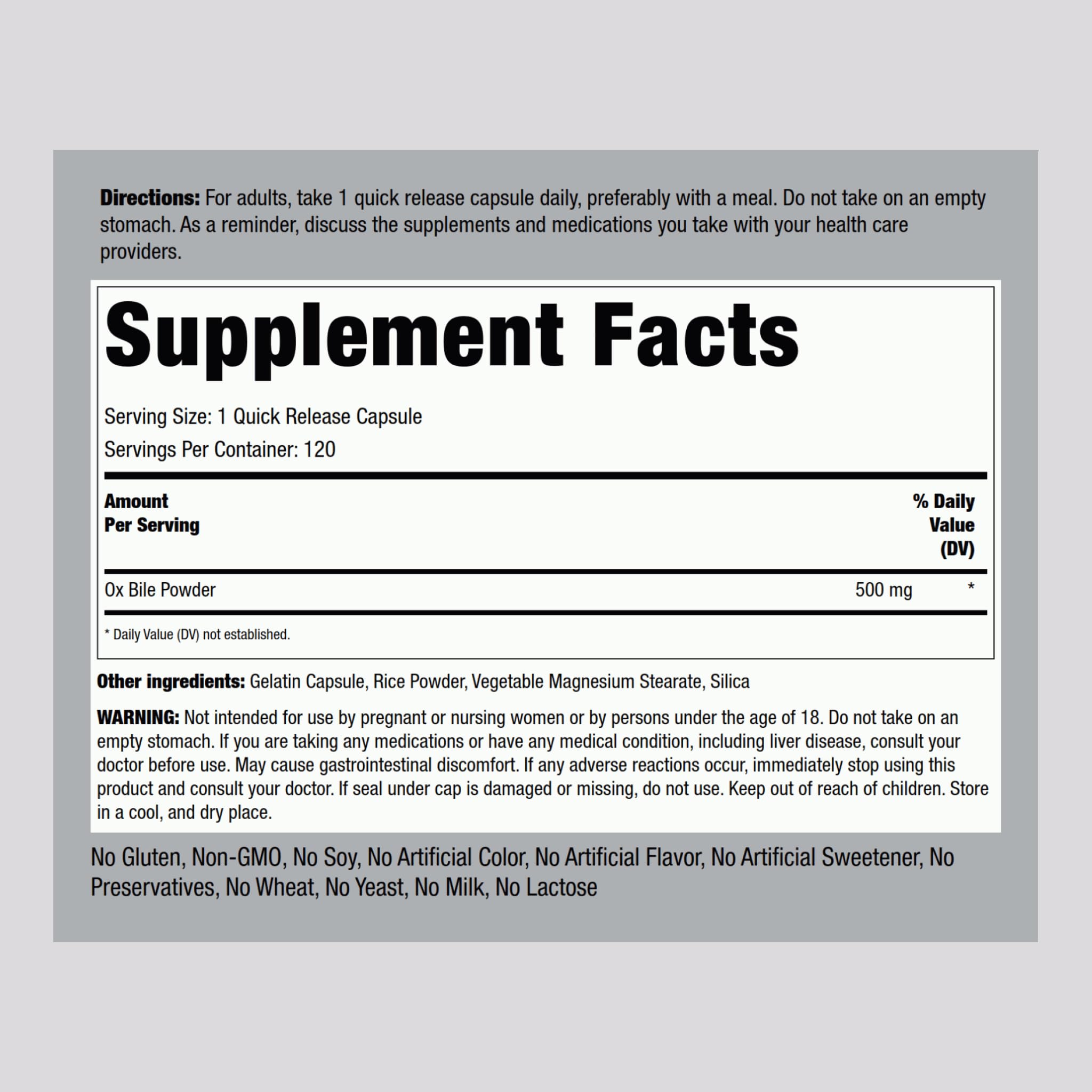 Piping Rock Ox Bile 500mg capsules ready for fast absorption and easy dosing