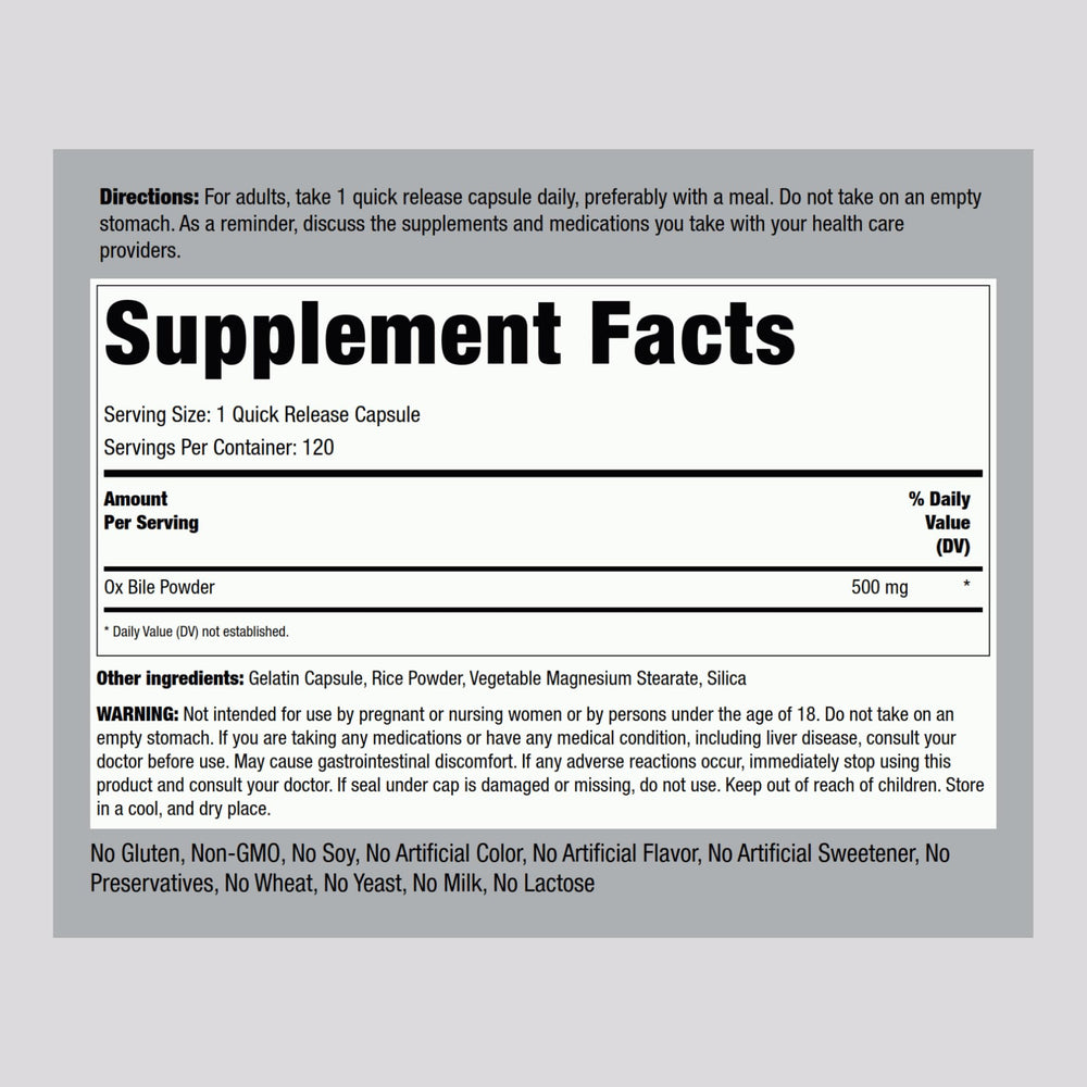 Piping Rock Ox Bile 500mg capsules ready for fast absorption and easy dosing