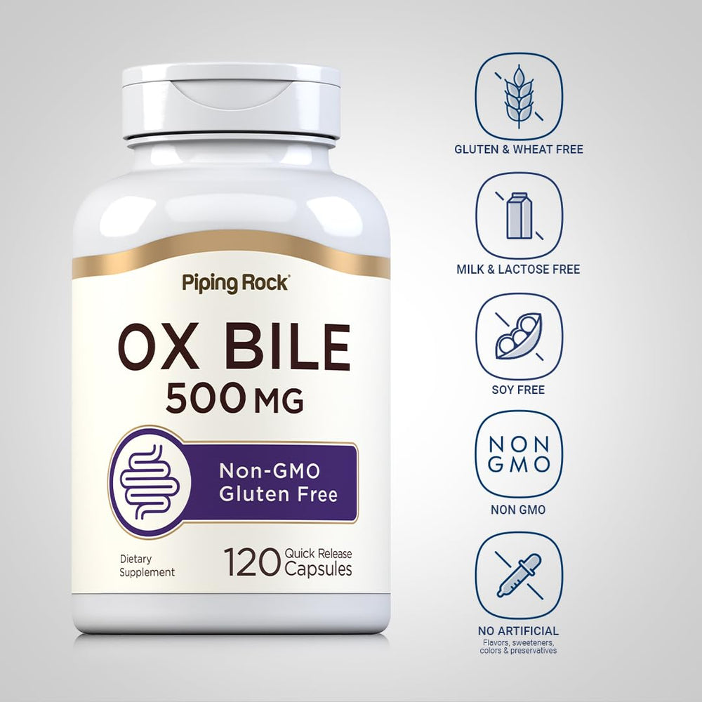 Piping Rock Ox Bile label highlighting gluten-free and non-GMO formulation