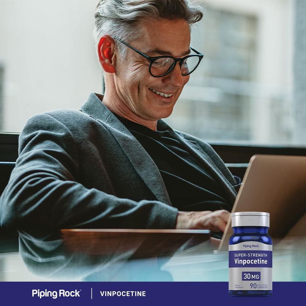Piping Rock Vinpocetine periwinkle plant extract—natural origin highlighted.