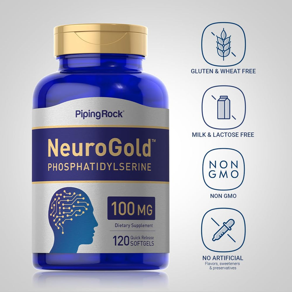 Piping Rock NeuroGold phosphatidylserine label on bottle showing 55% PS strength.