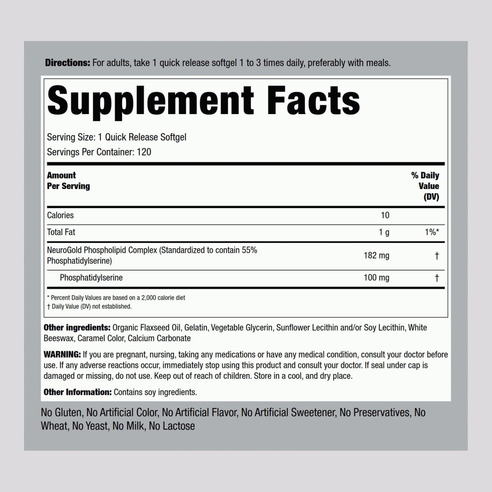Piping Rock PS 100mg softgels close-up highlighting quick-release capsules.