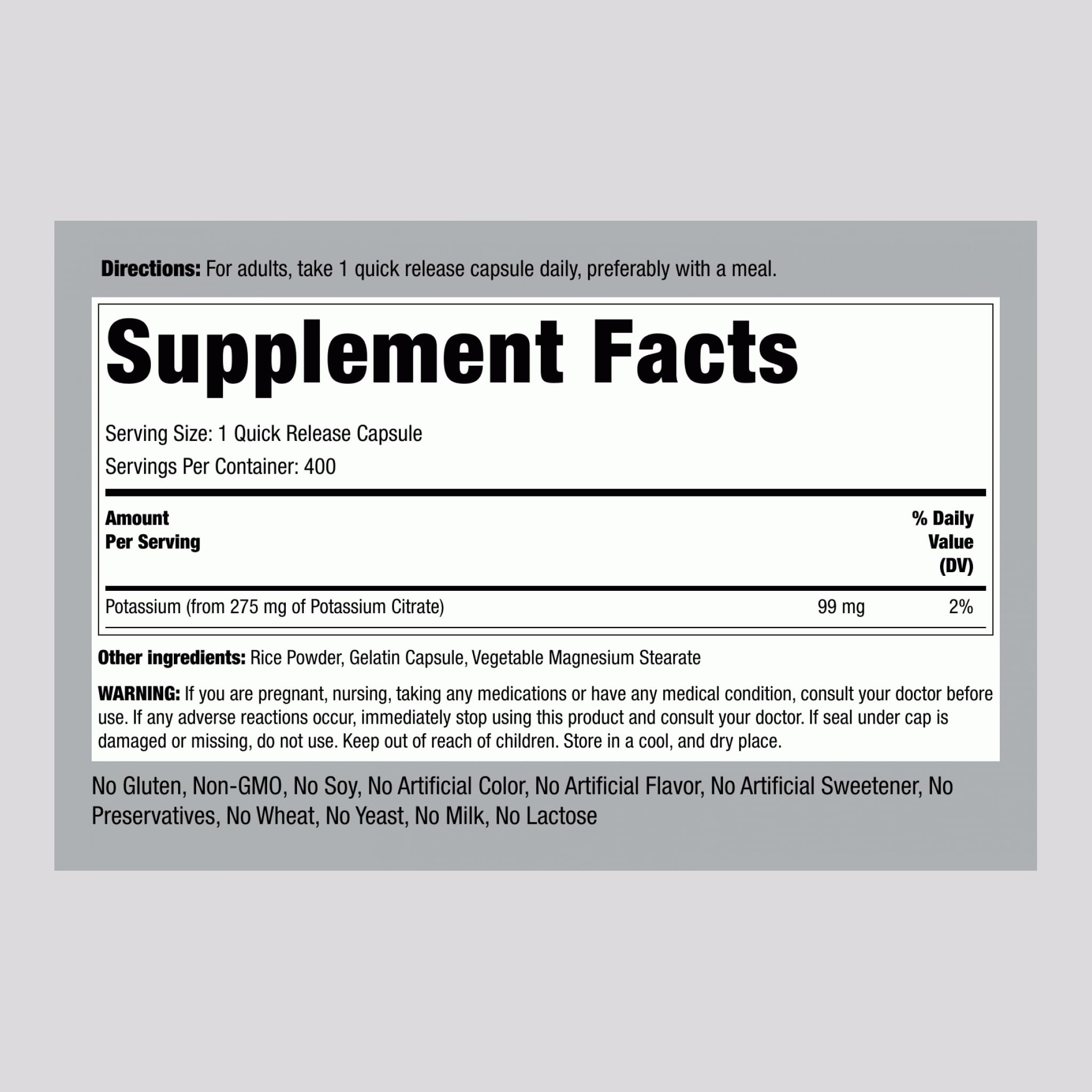 Piping Rock Potassium Citrate 275 mg 400 capsules packaging shows label details.
