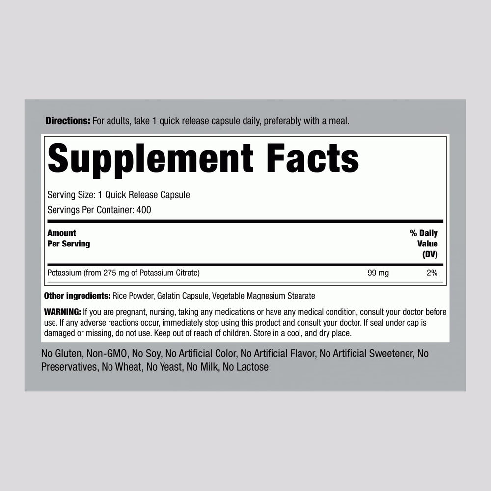 Piping Rock Potassium Citrate 275 mg 400 capsules packaging shows label details.