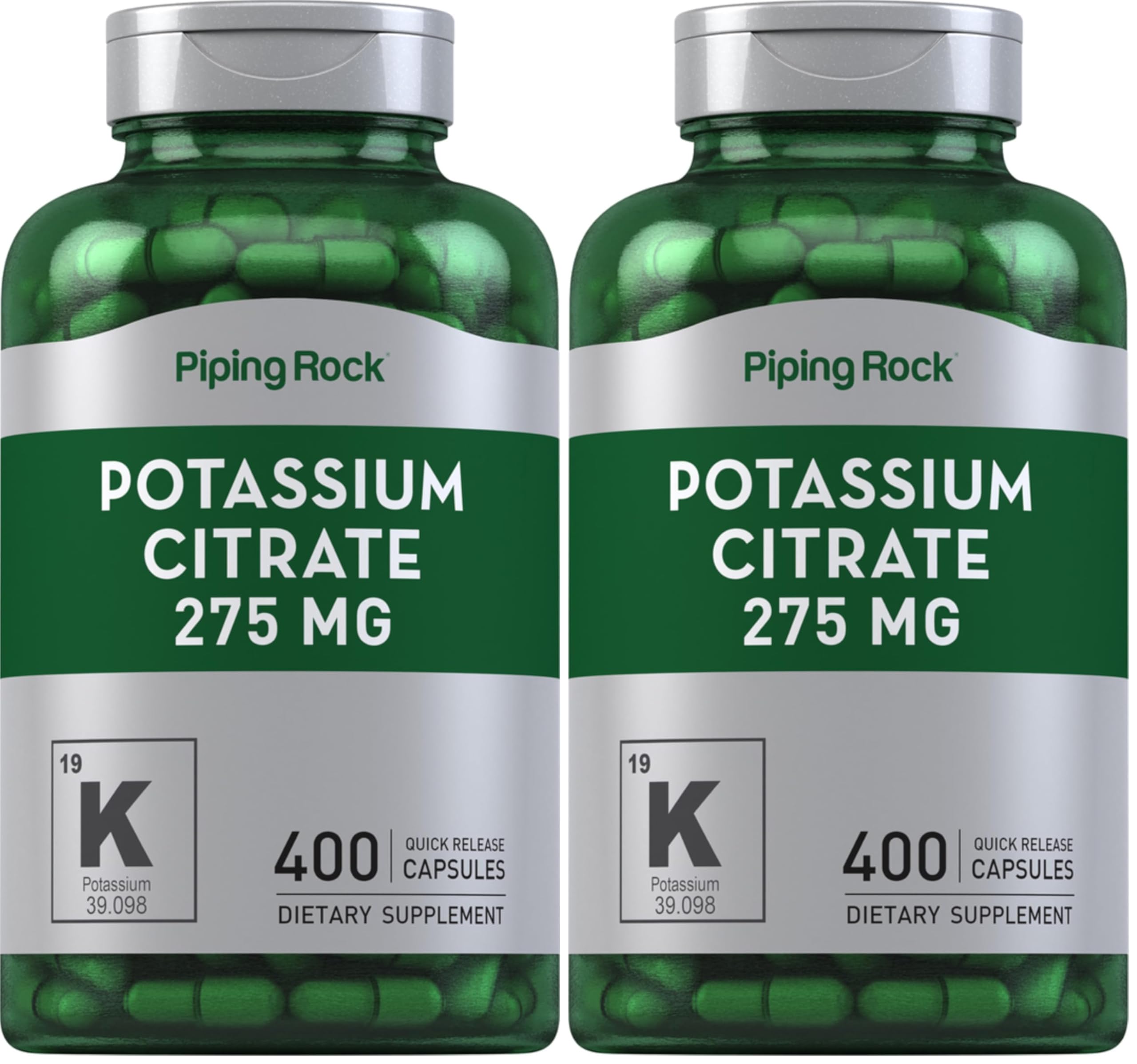 Piping Rock Potassium Citrate 275 mg bottle closeup highlighting purity and potency.