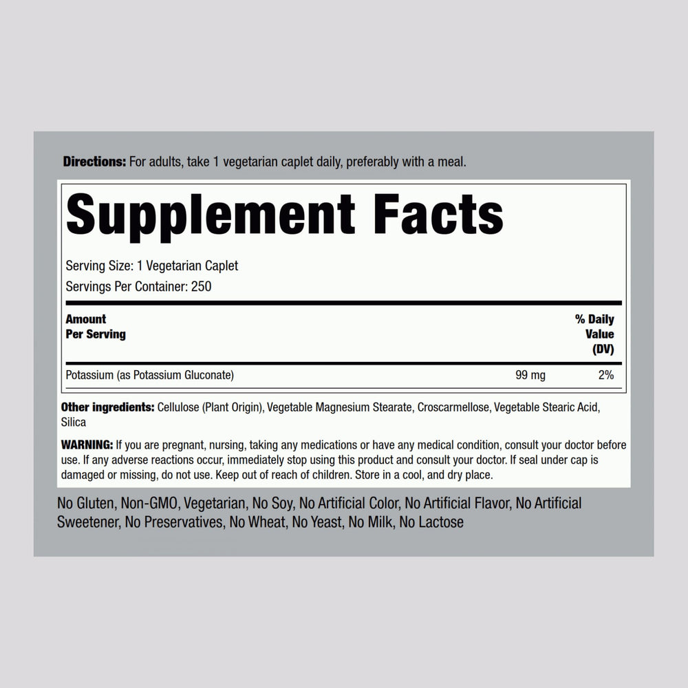 Piping Rock potassium gluconate ingredients label highlighting 99 mg per caplet.