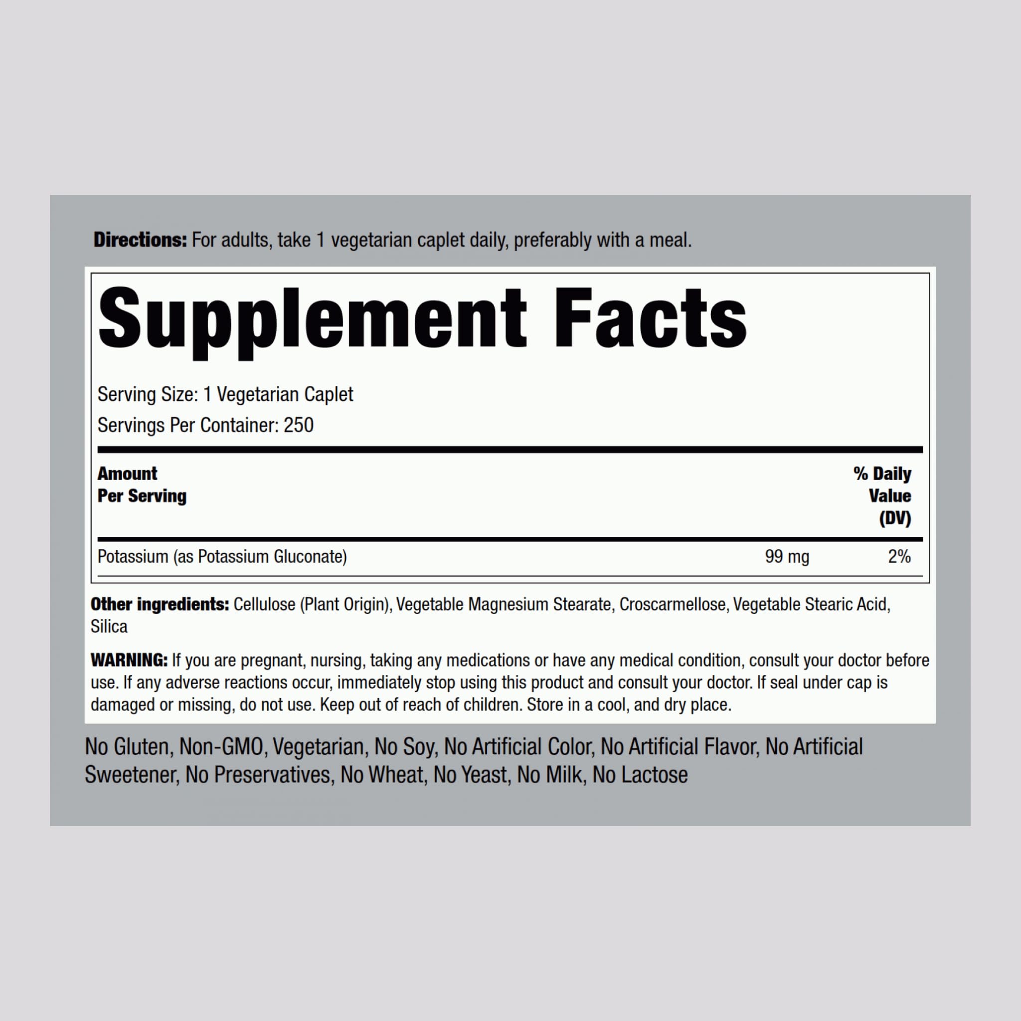 Piping Rock potassium gluconate tablet close-up for easy-to-swallow vegan caplets
