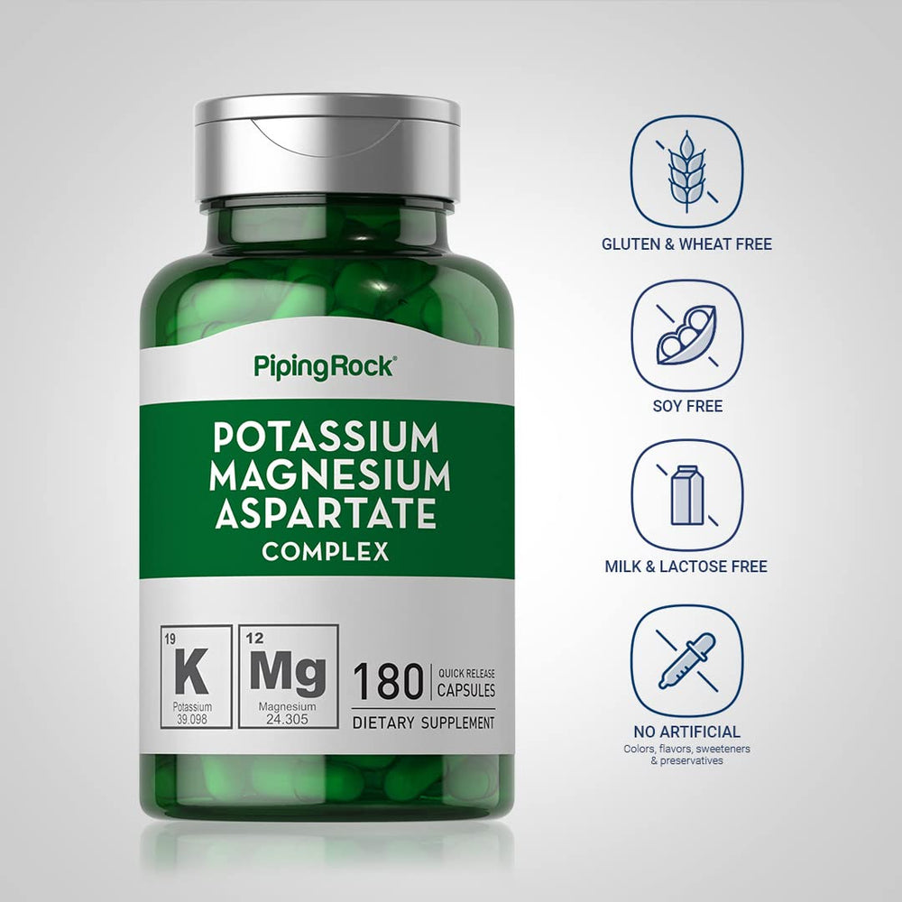 Piping Rock Potassium Magnesium Aspartate capsules quick-release design for on-the-go dosing.