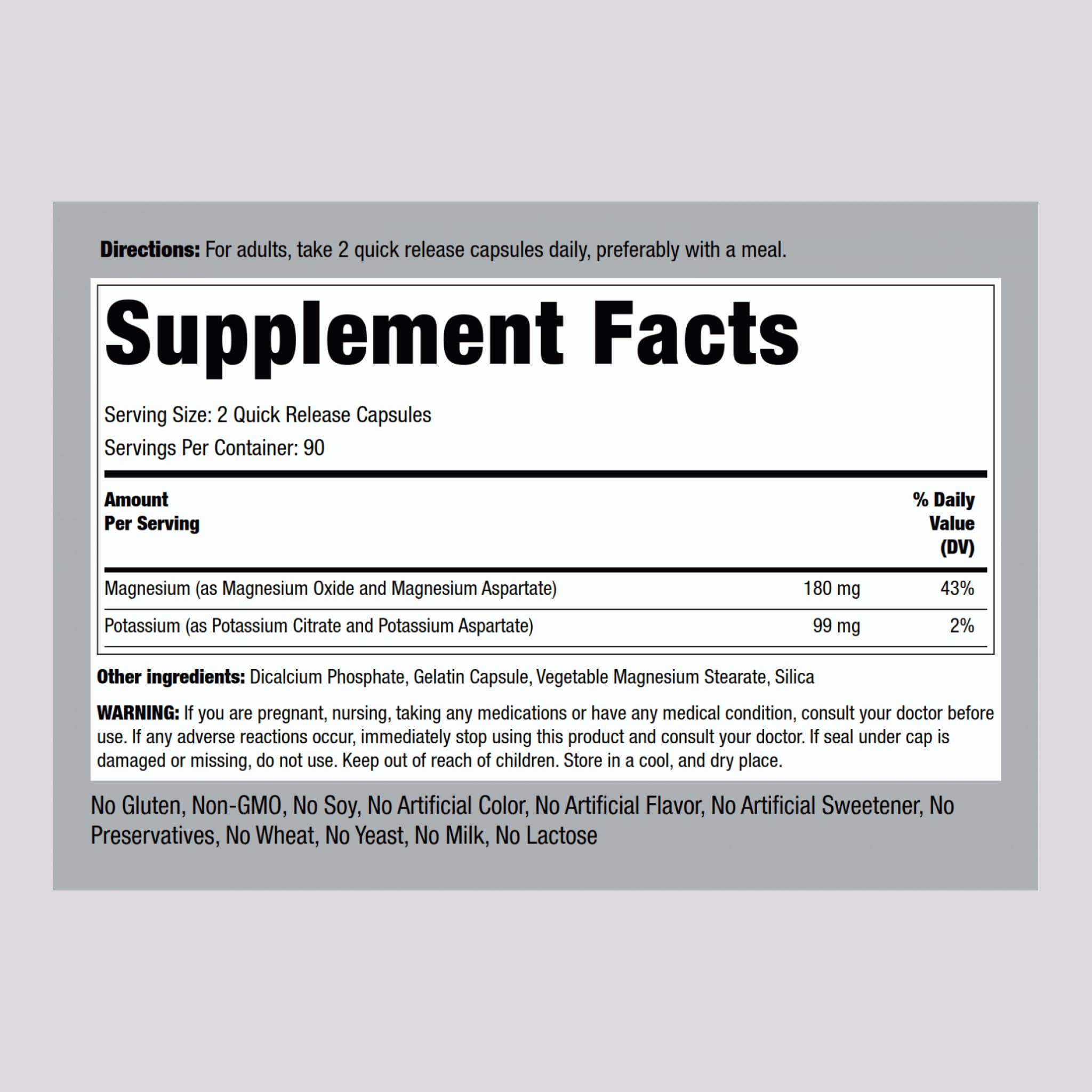 Piping Rock Potassium Magnesium Aspartate label close-up showing trusted ingredients for daily wellness.