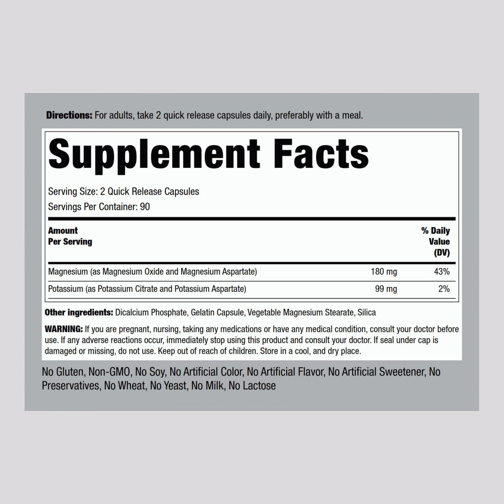 Piping Rock Potassium Magnesium Aspartate label close-up showing trusted ingredients for daily wellness.