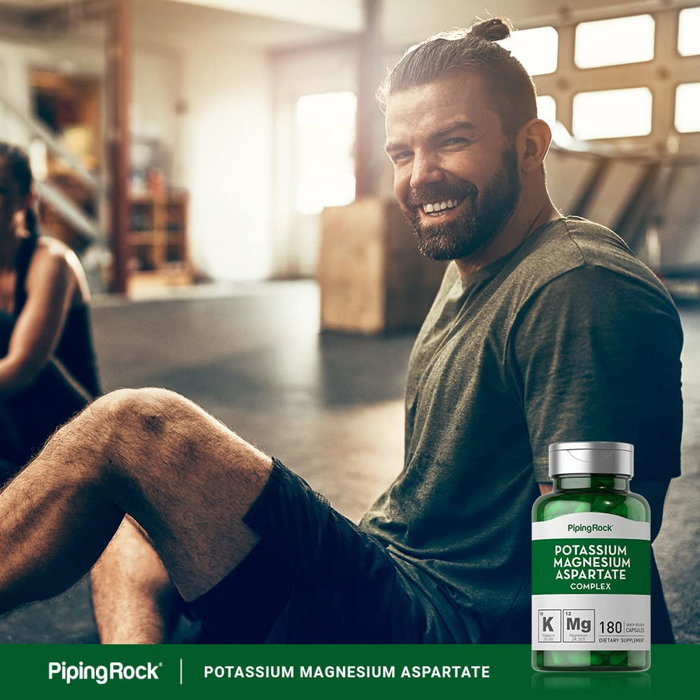 Piping Rock Potassium Magnesium Aspartate non-GMO badge signals ingredient integrity.
