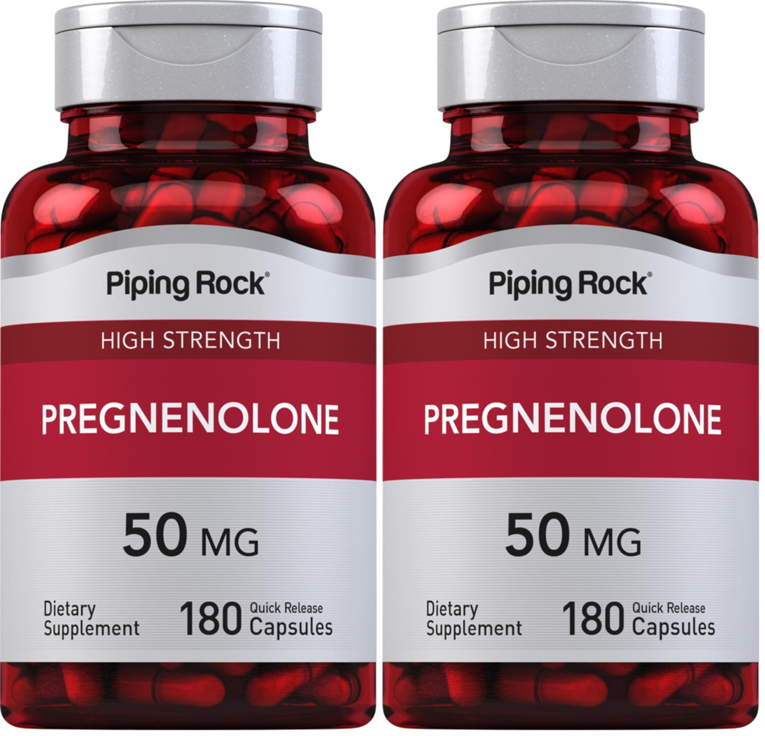 Piping Rock Pregnenolone 50 mg capsules bottle for convenient daily use.