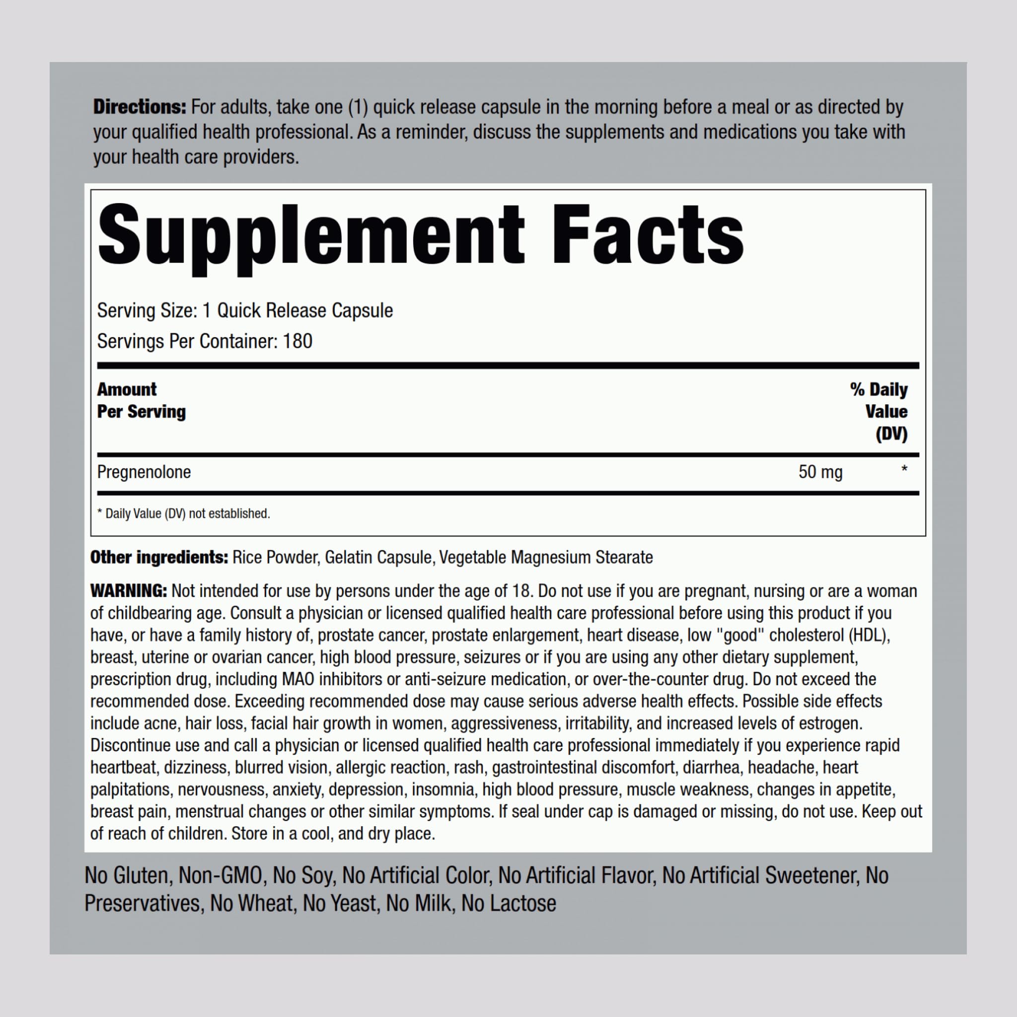 Piping Rock Pregnenolone 50 mg capsules side view highlighting compact packaging.