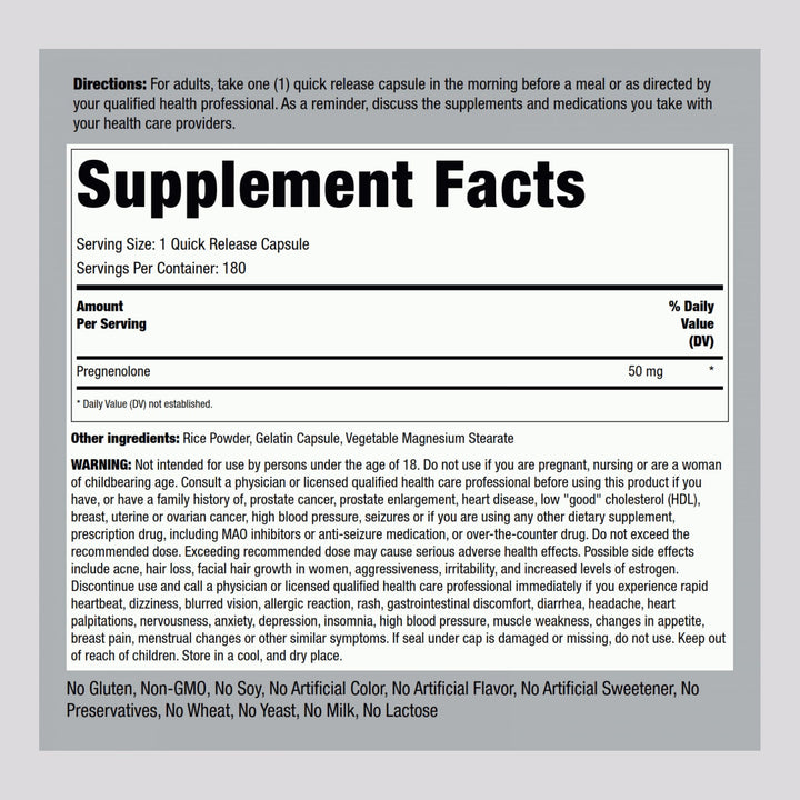 Piping Rock Pregnenolone 50 mg capsules side view highlighting compact packaging.