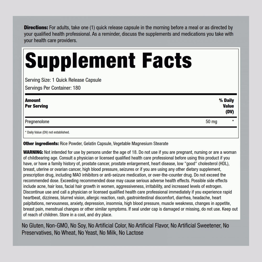 Piping Rock Pregnenolone 50 mg capsules side view highlighting compact packaging.