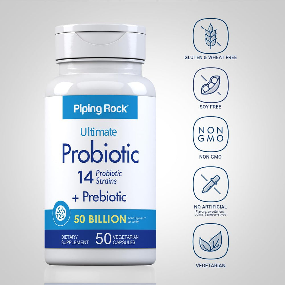 Piping Rock Probiotic 14-strains badge on packaging highlights strain variety.