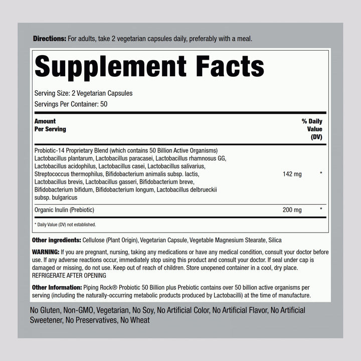 Piping Rock Probiotic 14 strains bottle highlighting diverse gut flora support.