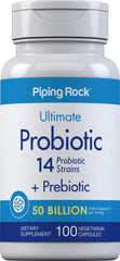 Piping Rock Probiotic bottle shows 50 billion CFU for daily gut balance.