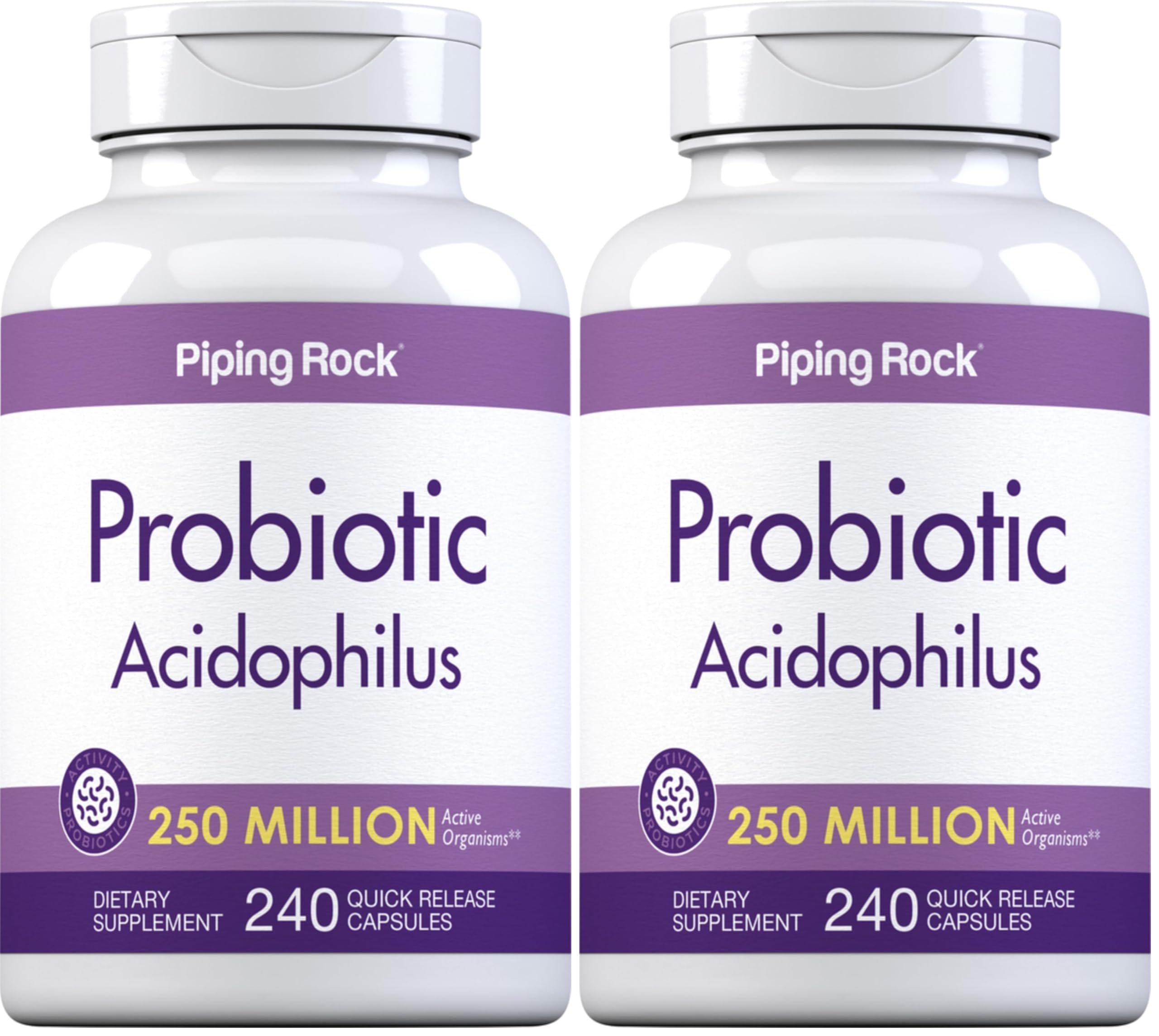 Piping Rock Probiotic Acidophilus bottle front with two-pack for daily gut support.