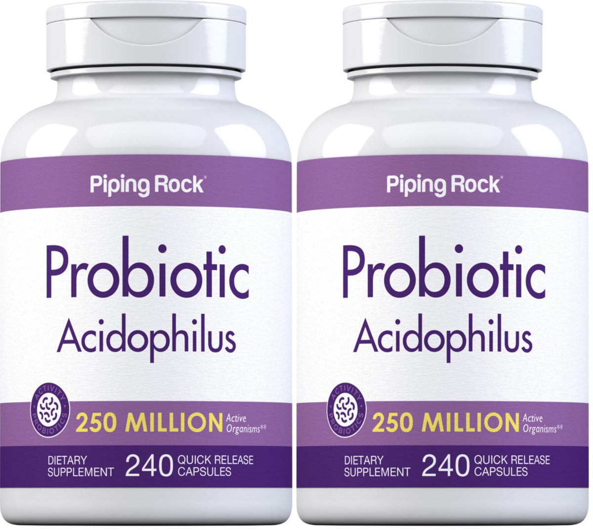 Piping Rock Probiotic Acidophilus bottle front with two-pack for daily gut support.