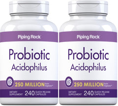Piping Rock Probiotic Acidophilus bottle front with two-pack for daily gut support.