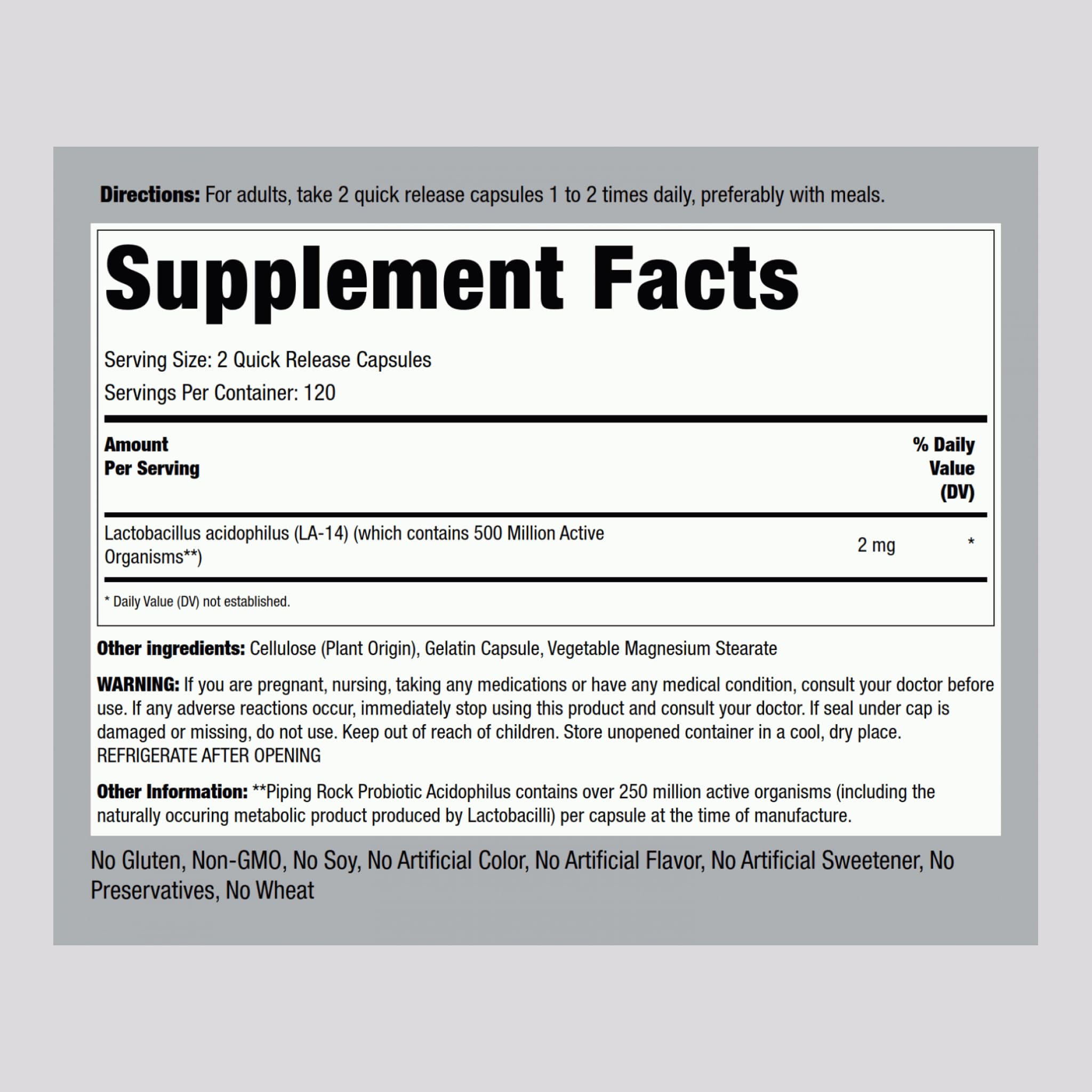 Piping Rock Probiotic Acidophilus bottle label close-up highlighting non-GMO and gluten-free credentials.