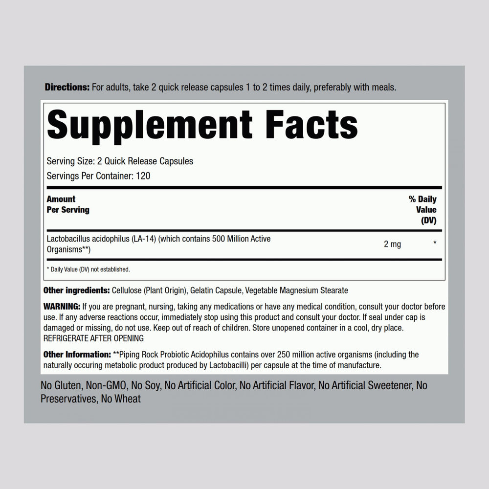 Piping Rock Probiotic Acidophilus bottle label close-up highlighting non-GMO and gluten-free credentials.