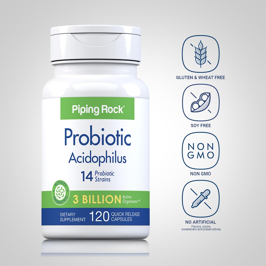 Piping Rock Probiotic Acidophilus bottle with label visible showing gluten-free and non-GMO features.