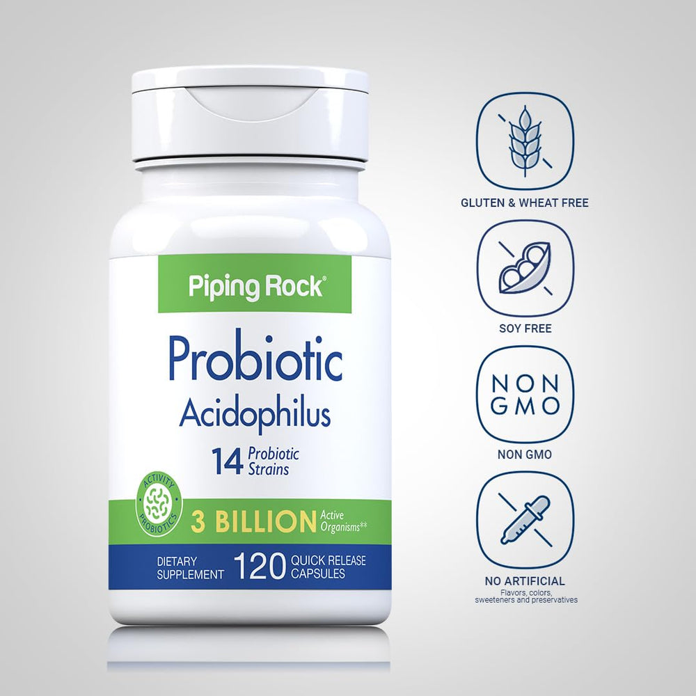 Piping Rock Probiotic Acidophilus bottle with label visible showing gluten-free and non-GMO features.