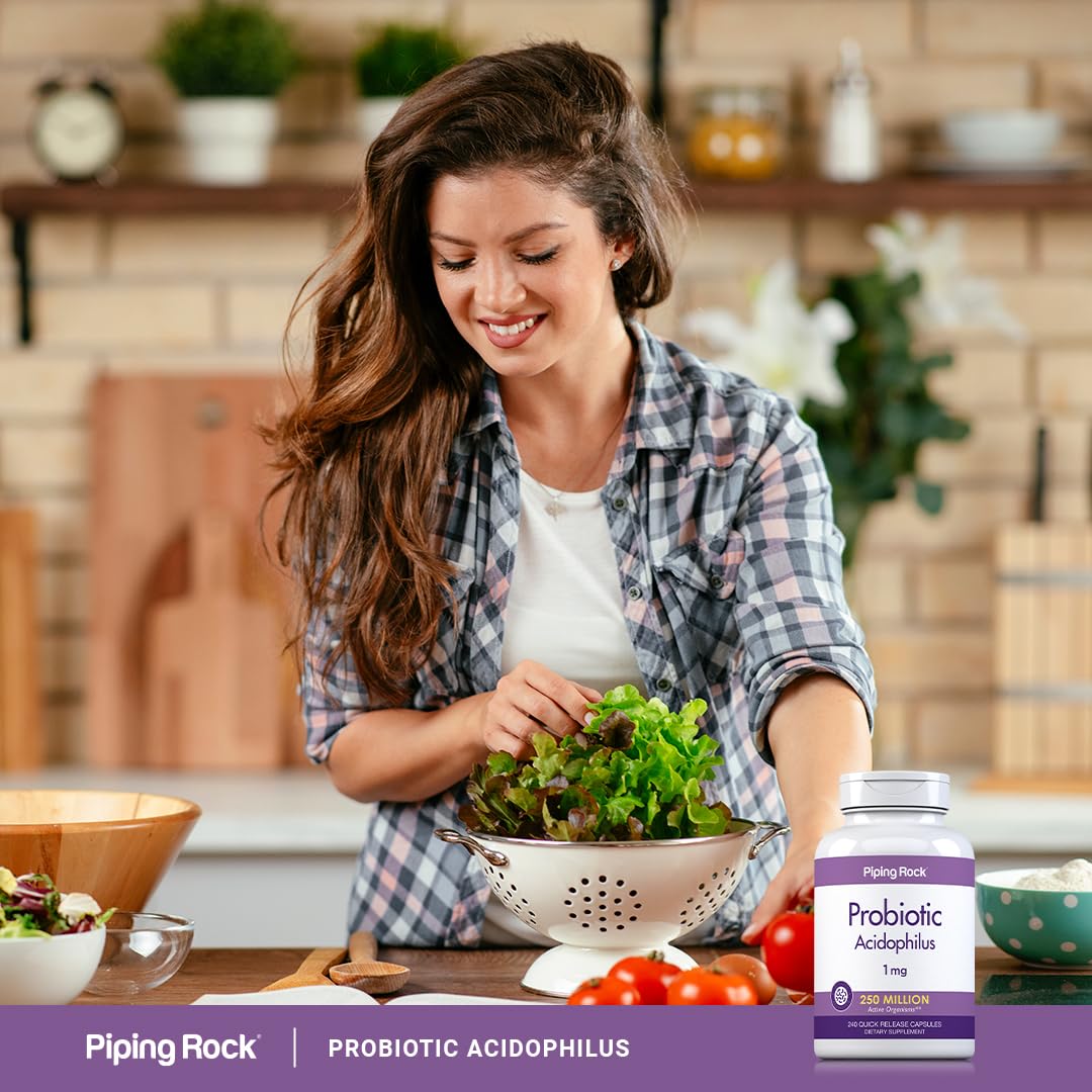 Piping Rock Probiotic Acidophilus capsules in bottle close-up emphasizing convenience.