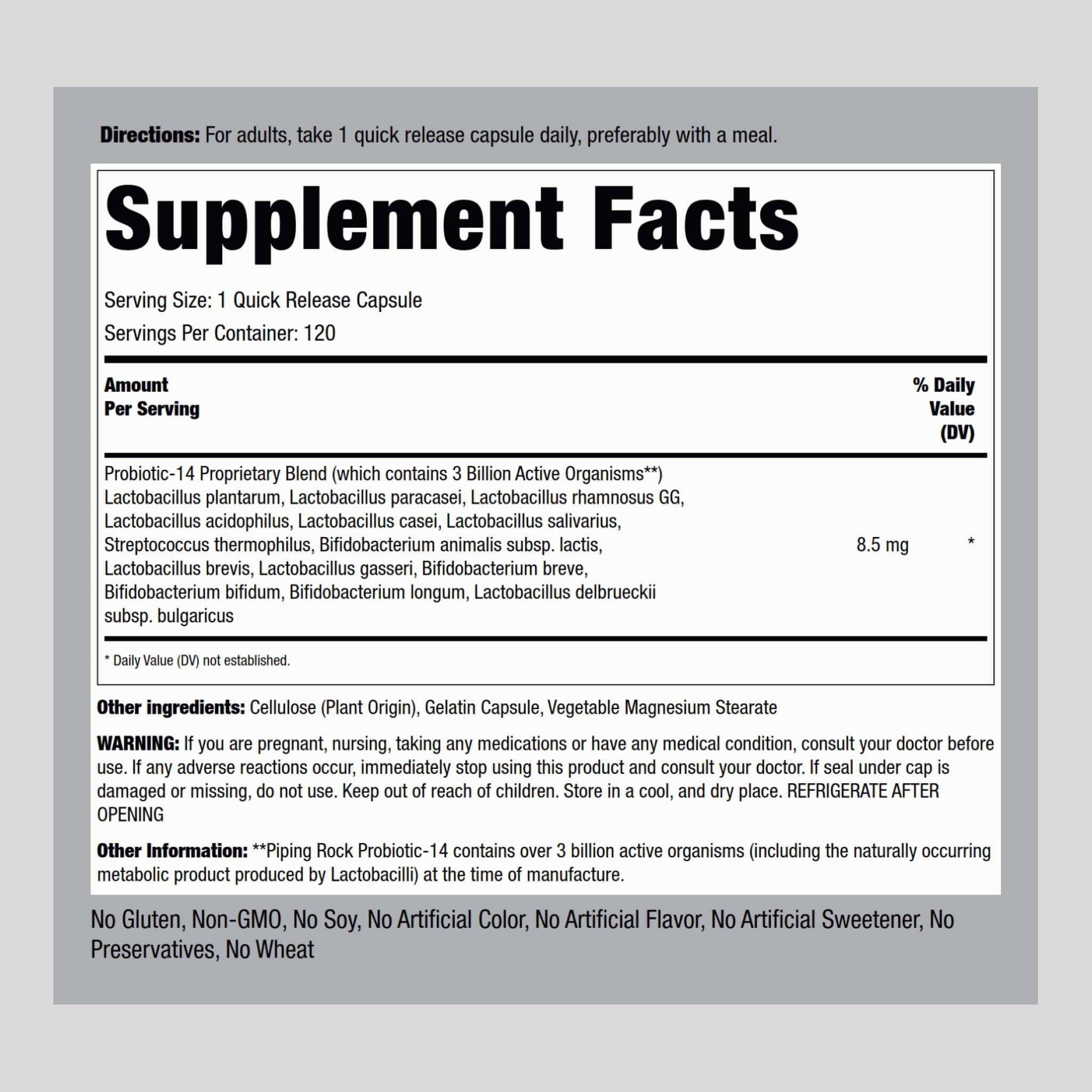 Close-up of Piping Rock Probiotic Acidophilus capsules highlighting easy to swallow design.