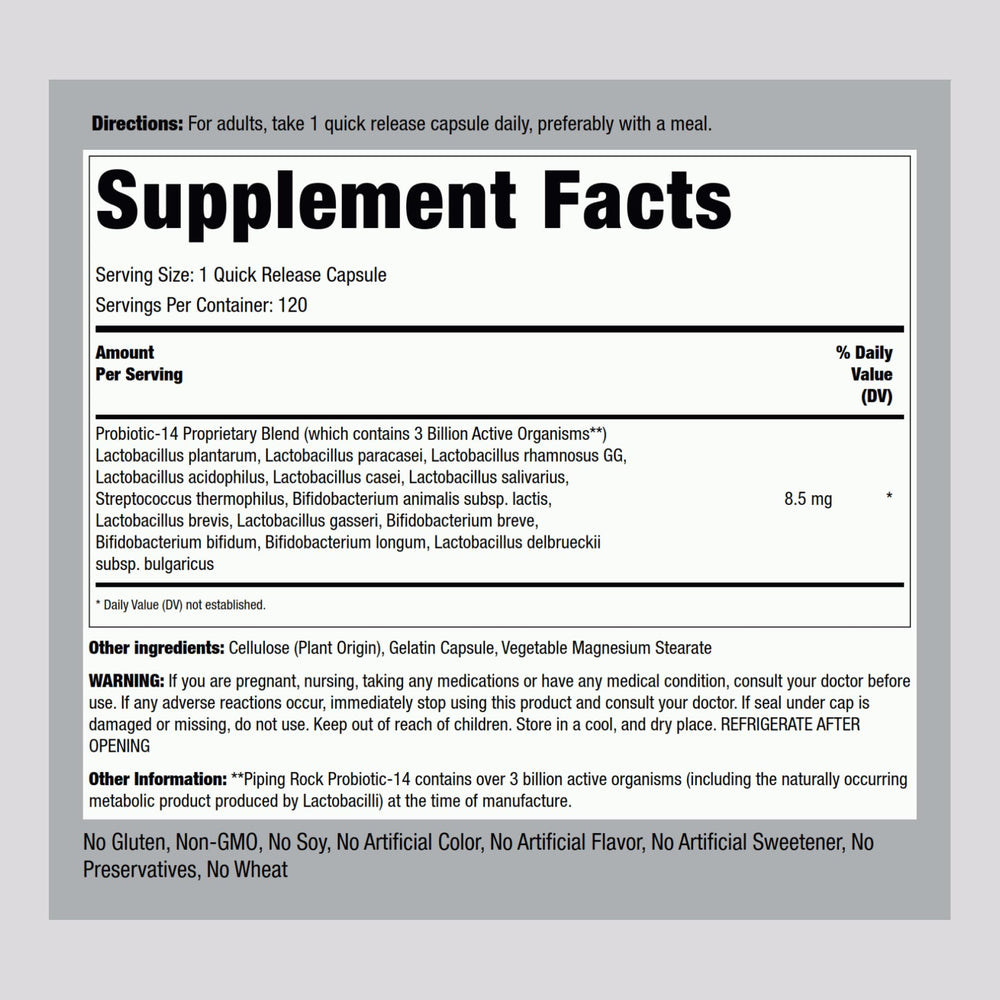 Close-up of Piping Rock Probiotic Acidophilus capsules highlighting easy to swallow design.
