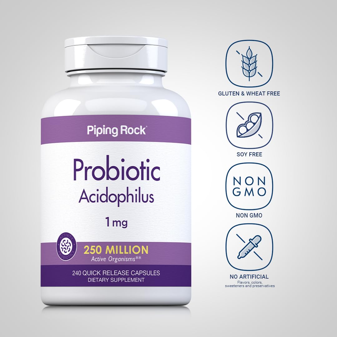 Piping Rock Probiotic Acidophilus capsules close-up showing quick-release design for easy daily use.