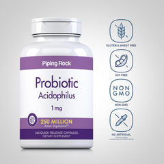 Piping Rock Probiotic Acidophilus capsules close-up showing quick-release design for easy daily use.