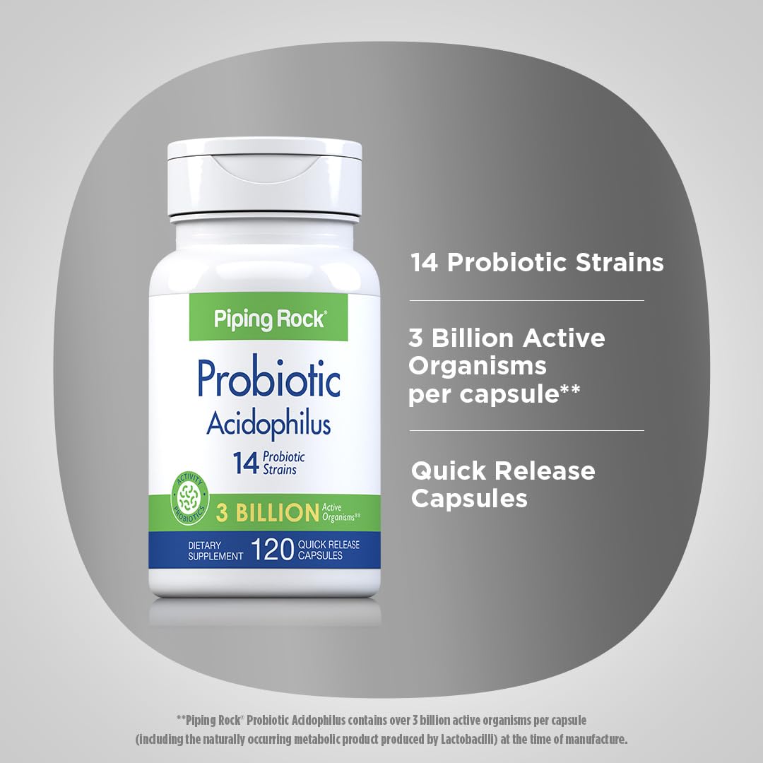 Piping Rock Probiotic Acidophilus label details emphasizing the 14 strains included.
