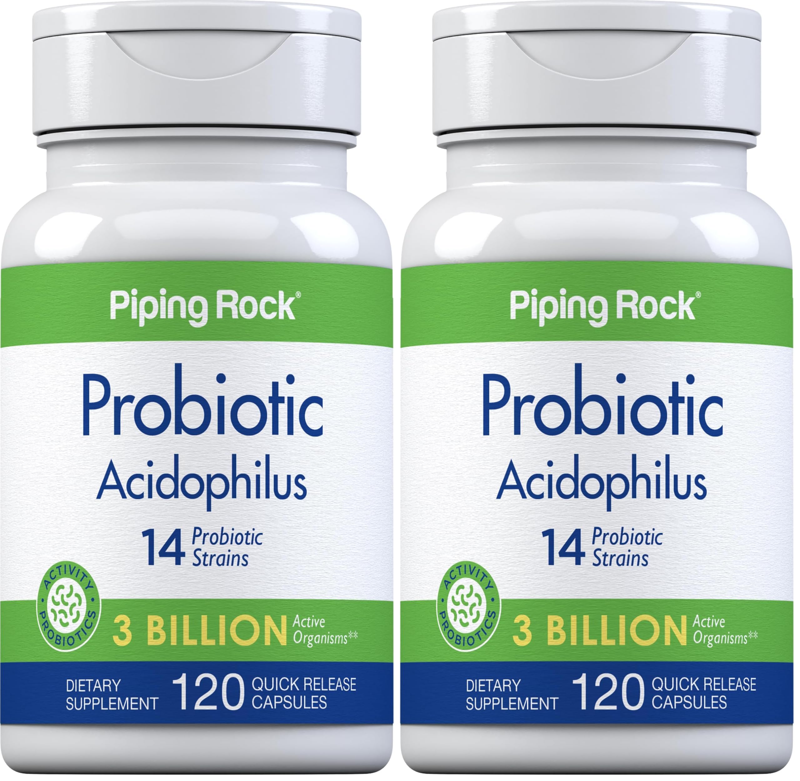 Piping Rock Probiotic Acidophilus packaging front with 3 billion live cultures per serving.